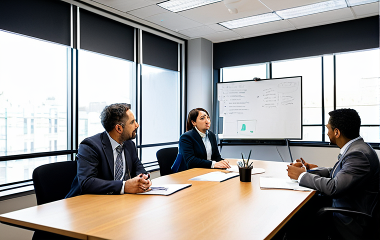 A diverse group of adult professionals in modest business attire and professional dress, actively engaged in a collaborative brainstorming session around a large, modern conference table. They are sharing ideas, listening attentively, and making notes, with a whiteboard showing conceptual diagrams in the background. The atmosphere is open, respectful, and dynamic. The setting is a bright, contemporary public administration office meeting room with large windows. High-resolution, professional photography, soft natural lighting, vibrant colors, clear focus. Safe for work, appropriate content, fully clothed, professional, perfect anatomy, correct proportions, natural pose, well-formed hands, proper finger count, natural body proportions.