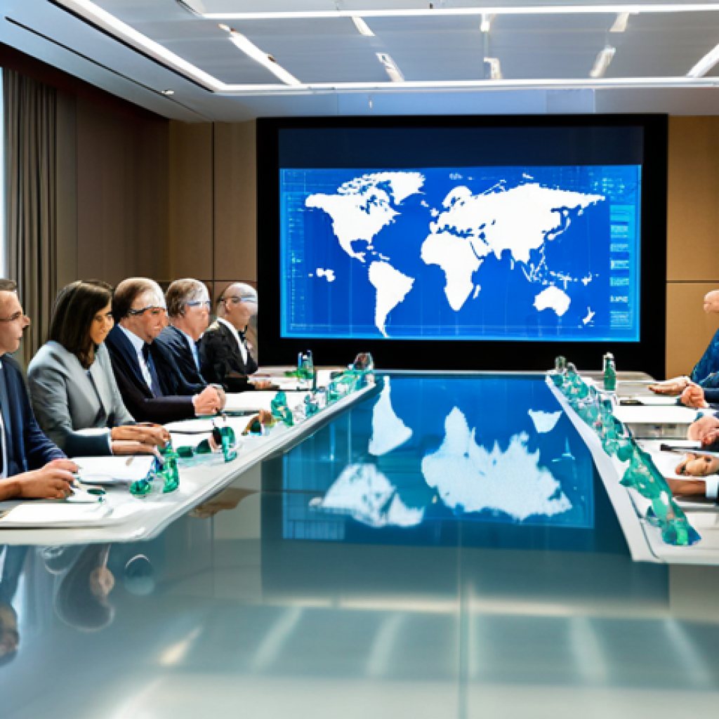 A diverse group of professional diplomats and climate scientists in modest business suits, fully clothed, gathered around a large, modern conference table. They are looking at a holographic projection of global climate data, engaged in a serious but collaborative discussion about international environmental policies and renewable energy initiatives. The room is brightly lit, showcasing a subtle global map on a backdrop, symbolizing international cooperation. The atmosphere is one of focused professional engagement and hope for a sustainable future. Appropriate attire, safe for work, perfect anatomy, correct proportions, natural pose, well-formed hands, proper finger count, natural body proportions, professional photography, high resolution, detailed, cinematic lighting, realistic.