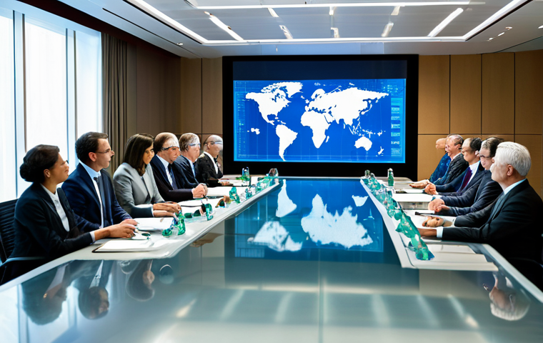 A diverse group of professional diplomats and climate scientists in modest business suits, fully clothed, gathered around a large, modern conference table. They are looking at a holographic projection of global climate data, engaged in a serious but collaborative discussion about international environmental policies and renewable energy initiatives. The room is brightly lit, showcasing a subtle global map on a backdrop, symbolizing international cooperation. The atmosphere is one of focused professional engagement and hope for a sustainable future. Appropriate attire, safe for work, perfect anatomy, correct proportions, natural pose, well-formed hands, proper finger count, natural body proportions, professional photography, high resolution, detailed, cinematic lighting, realistic.