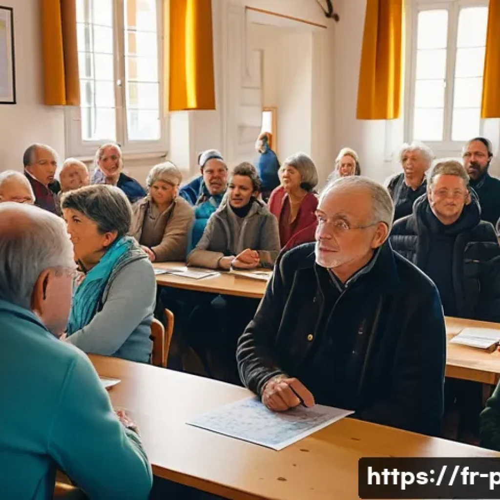 공공정책 실패 사례 - A detailed urban community meeting scene in a small French village hall, showing diverse local resid...