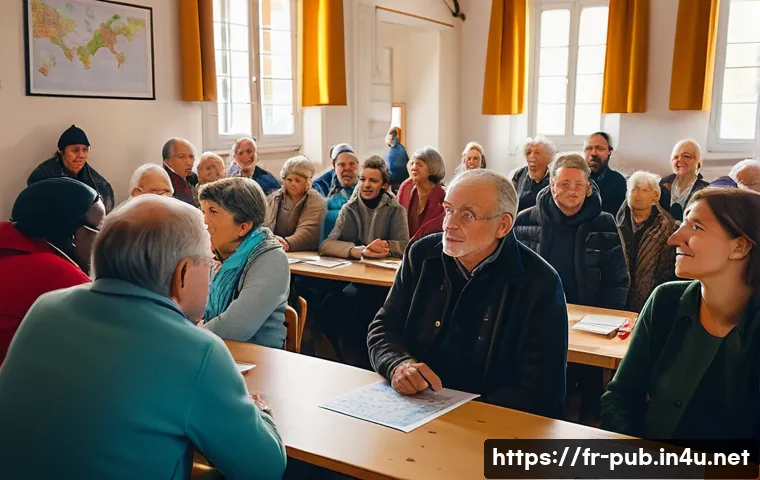 공공정책 실패 사례 - A detailed urban community meeting scene in a small French village hall, showing diverse local resid...