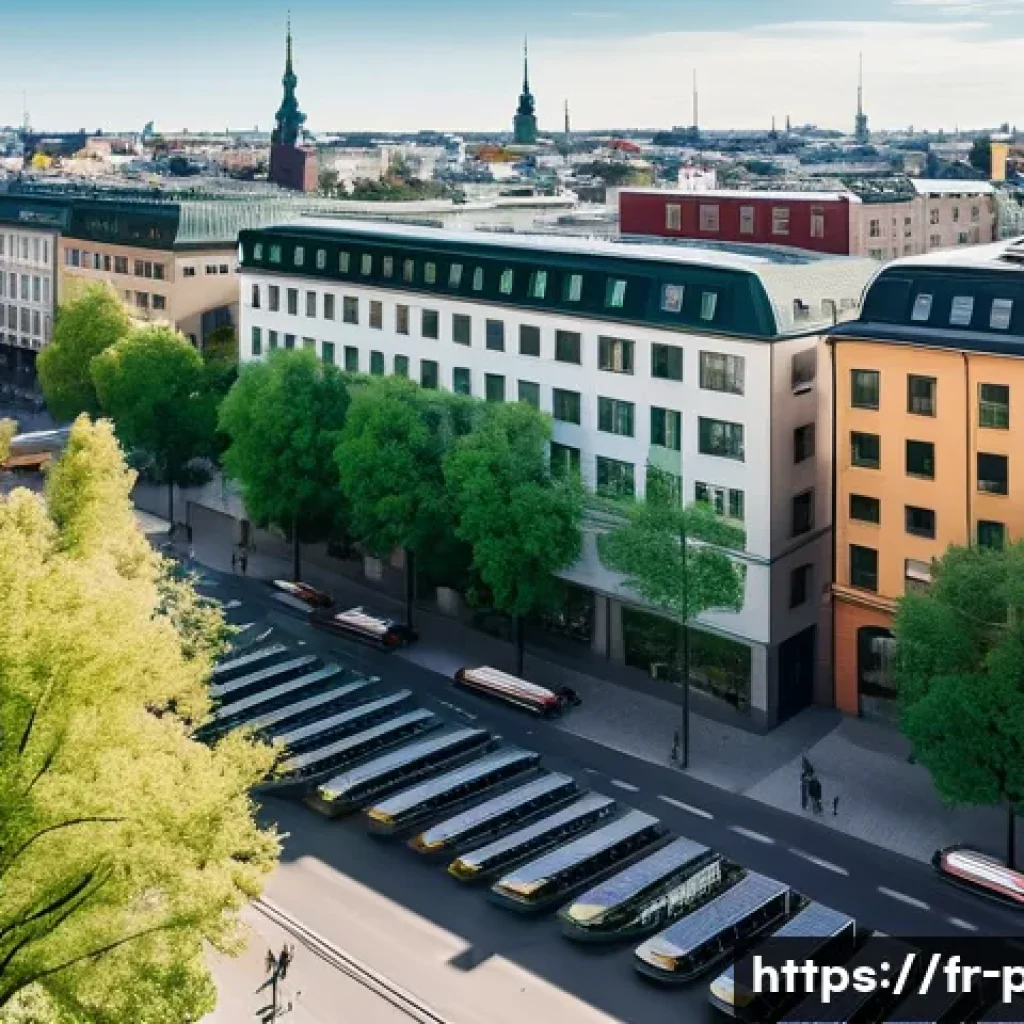 공공정책 국제 사례 비교 - A vibrant cityscape of Stockholm showcasing sustainable urban life: clean, modern buildings with sol...