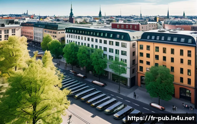 공공정책 국제 사례 비교 - A vibrant cityscape of Stockholm showcasing sustainable urban life: clean, modern buildings with sol...
