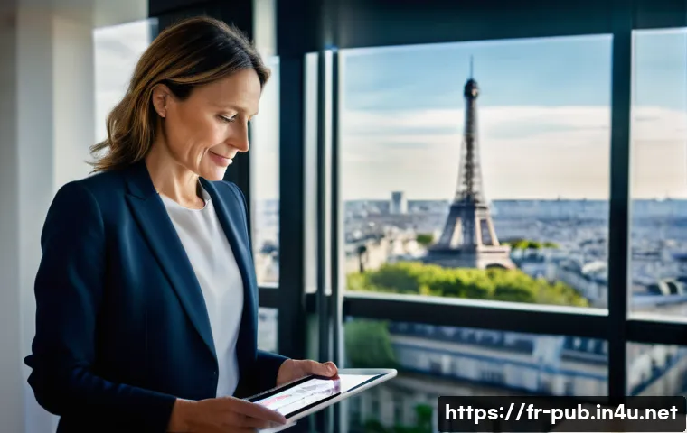 공공정책 전문가의 경력 전환 사례 - A professional French woman in her early 40s, dressed in smart business attire, confidently presenti...