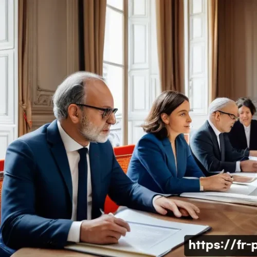 Home 29 공공정책 이론 정리 - A detailed scene depicting a diverse group of French public officials—politicians, civil servants, a...
